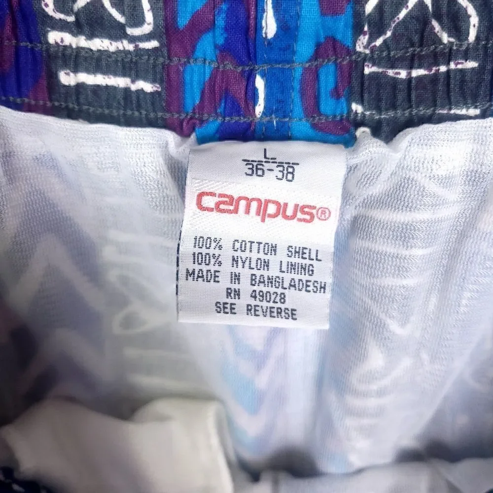 Vintage Campus Swim Trunks Shorts Blue Purple Grey Native Print Size Large